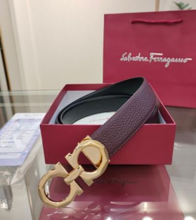 1:1 Ferragamo Chocolate &Black Leather Belt with Gold Logo Buckle Copper Buckle 3.5cm